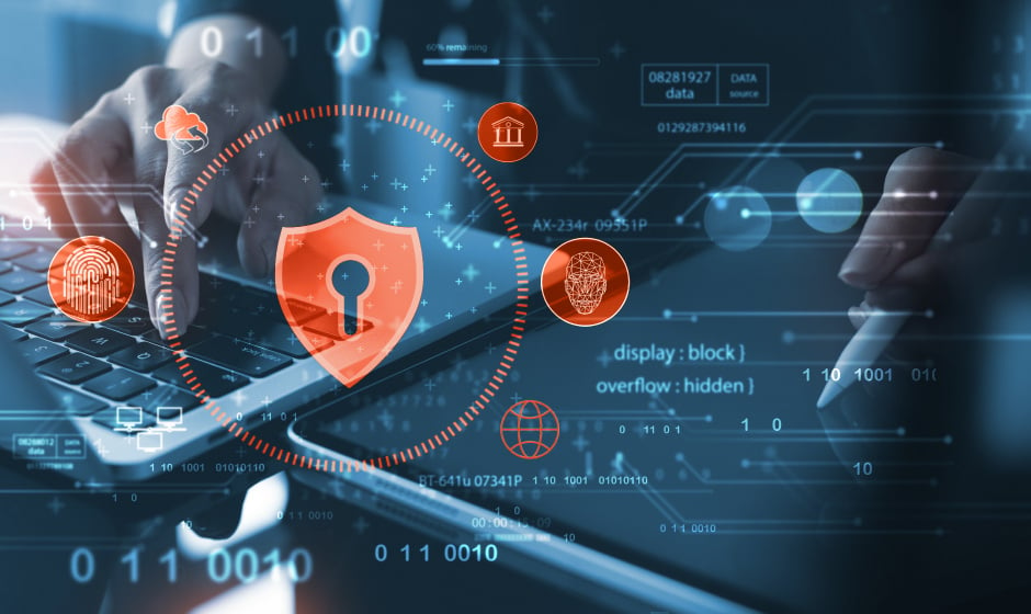 Hands typing on a laptop keyboard with a digital overlay showing a shield icon, data nodes, and security-related icons representing risk management and data protection in multifamily housing