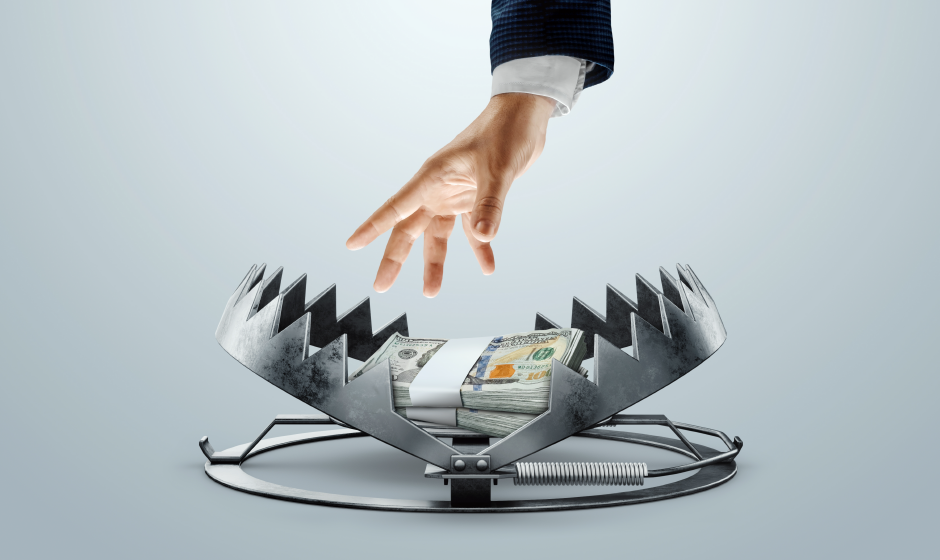 A businessman’s hand reaching for a stack of cash placed inside a steel bear trap, symbolizing the financial risks and potential pitfalls associated with traditional security deposit structures in rental housing. 