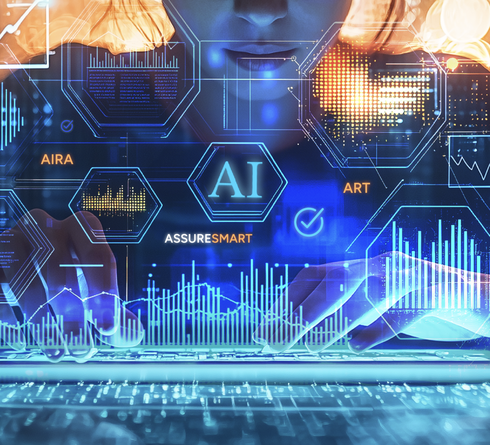 Advanced AI-driven analytics interface showcasing AssureSmart technology, with data visualizations and interactive elements, symbolizing innovation in artificial intelligence and data analysis 